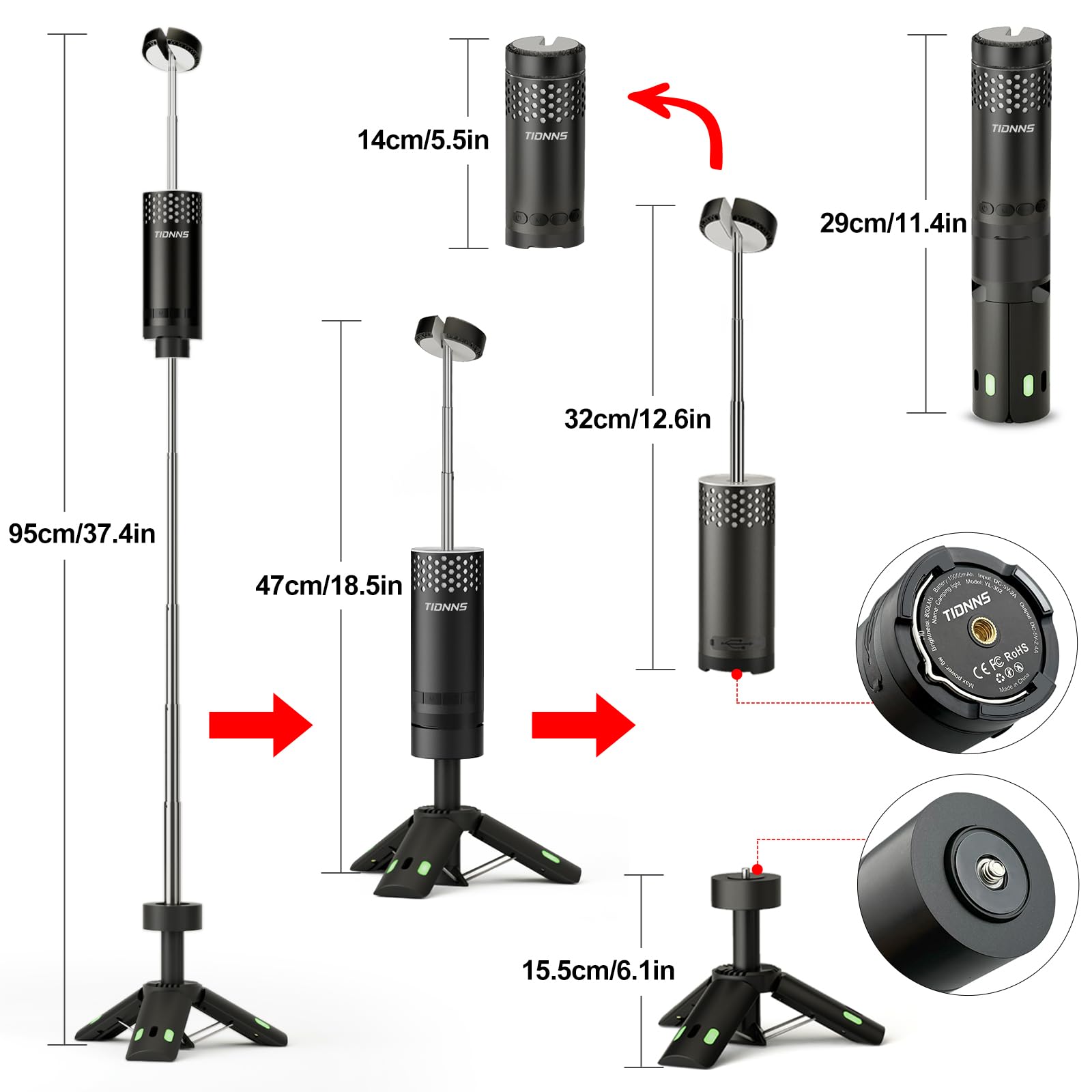 Camping Lights Rechargeable, Detachable Camping Lantern with Stand, Telescopic Waterproof Camp Lamp, Magnetic Work Hanging Light, LED Tent Flashlights for Emergency (Gray)