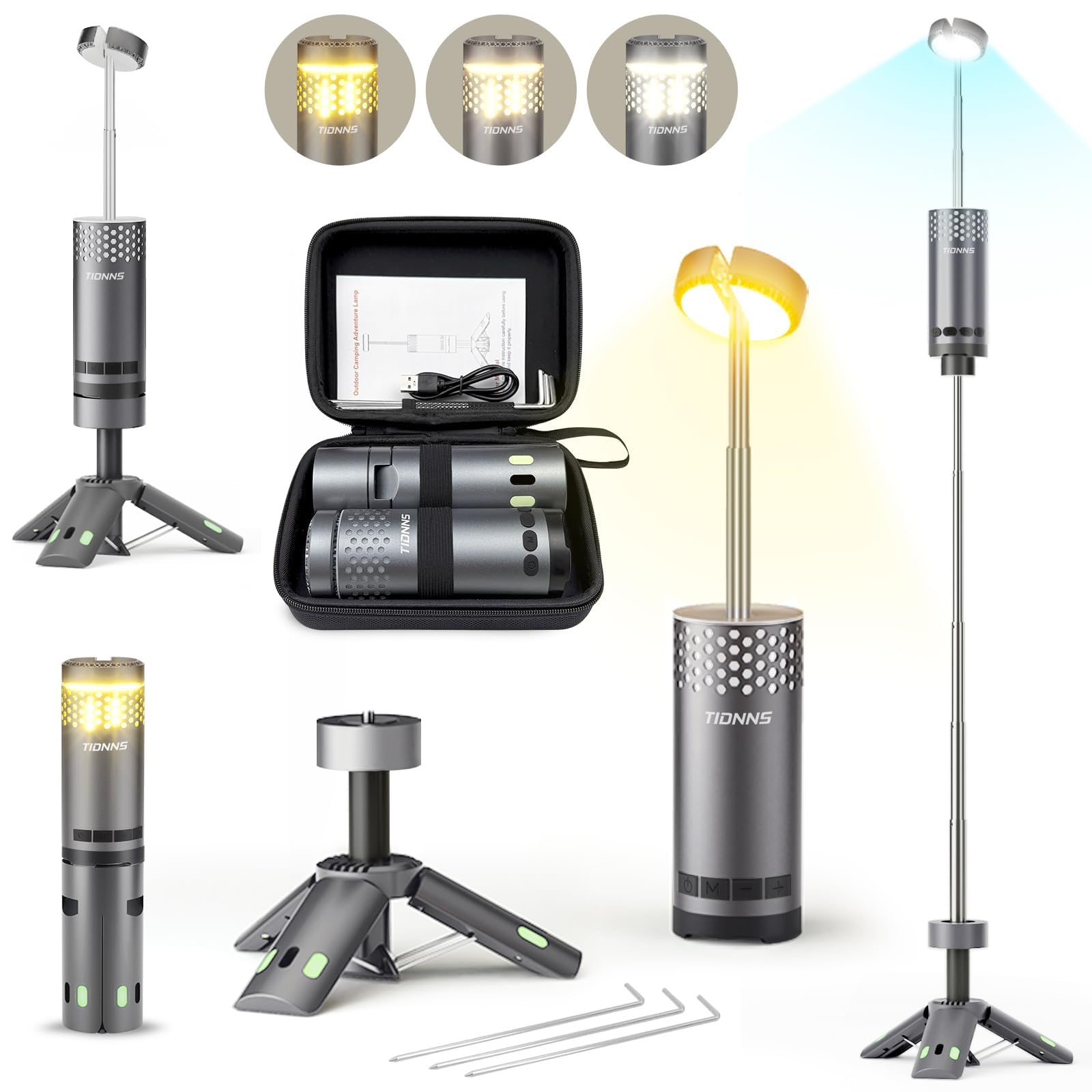 Camping Lights Rechargeable, Detachable Camping Lantern with Stand, Telescopic Waterproof Camp Lamp, Magnetic Work Hanging Light, LED Tent Flashlights for Emergency (Gray)