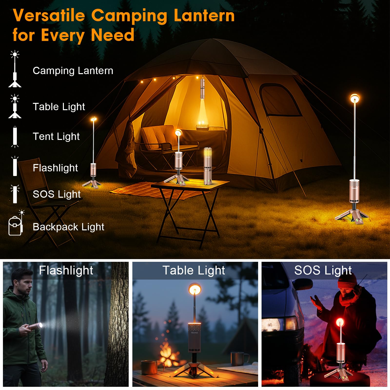Camping Lights Rechargeable, Detachable Camping Lantern with Stand, Telescopic Waterproof Camp Lamp, Magnetic Work Hanging Light, LED Tent Flashlights for Emergency (Gray)