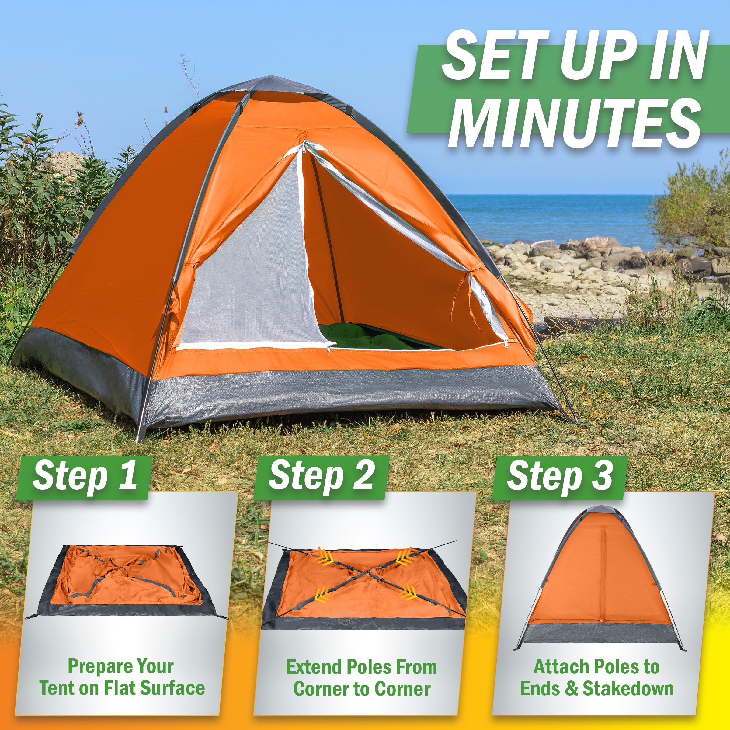 2-Person Dome Tent – Easy Set Up Shelter with Rain Fly and Carrying Bag for Camping