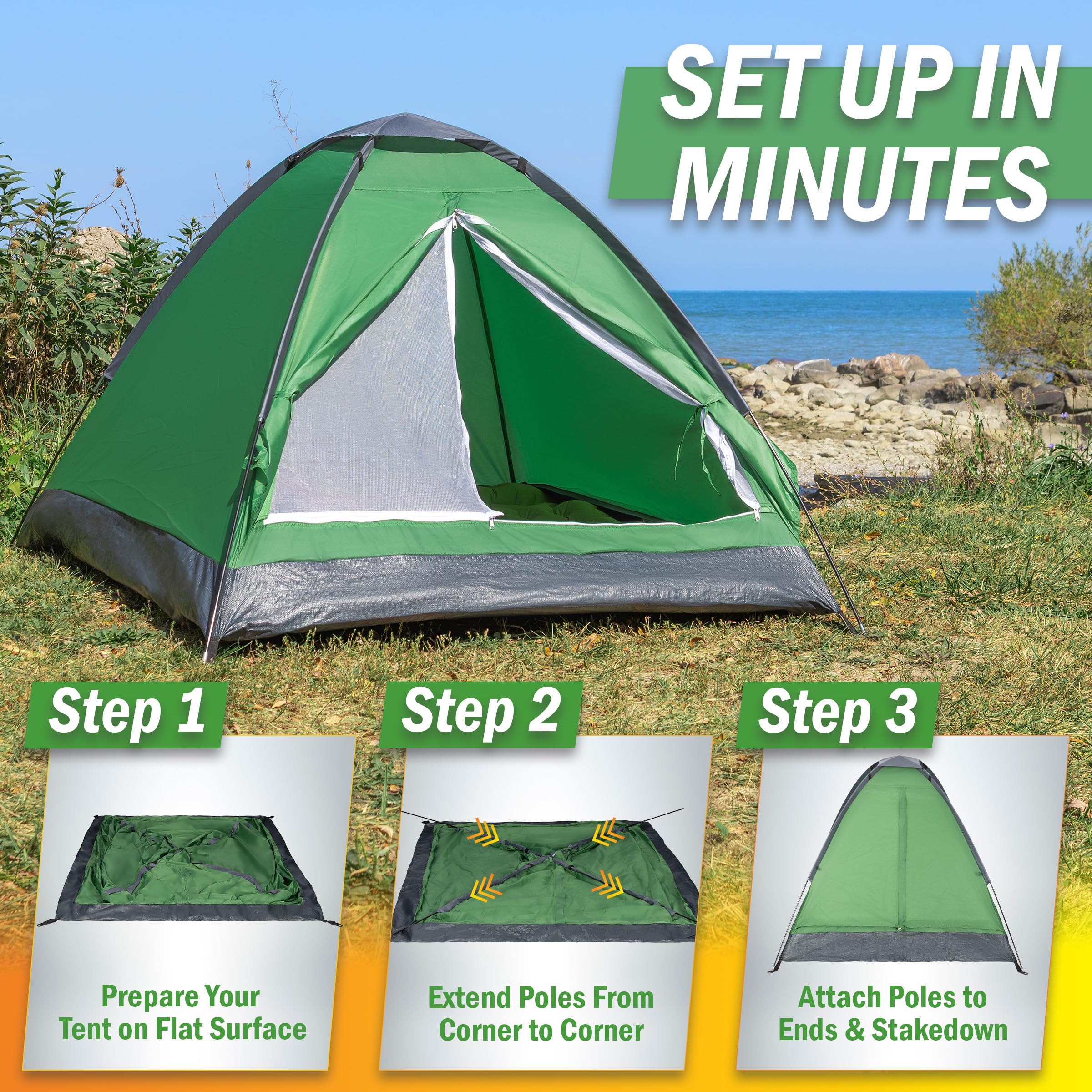 2-Person Dome Tent – Easy Set Up Shelter with Rain Fly and Carrying Bag for Camping